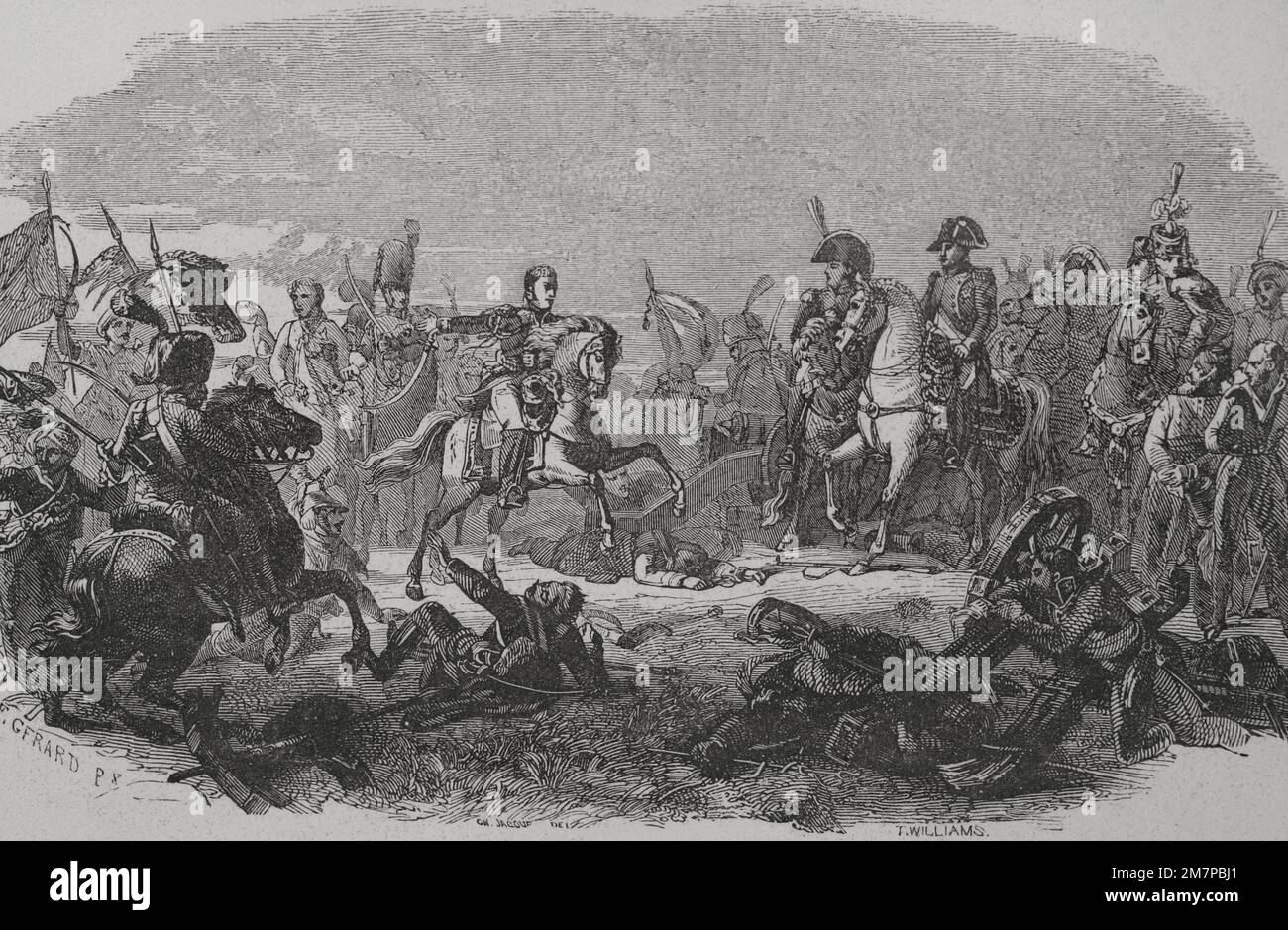 Schlacht von Austerlitz oder Schlacht der drei Kaiser (2. Dezember 1805). Teil des Krieges der Dritten Koalition (Napoleonische Kriege). Die französische Armee Napoleons I. besiegte die russisch-österreichischen Streitkräfte von Zar Alexander I. und des österreichischen Kaisers Francis I. Gravur von T. Williams nach Francois Gerard. "Los Héroes y las Grandezas de la Tierra". Tomo VI 1856. Stockfoto