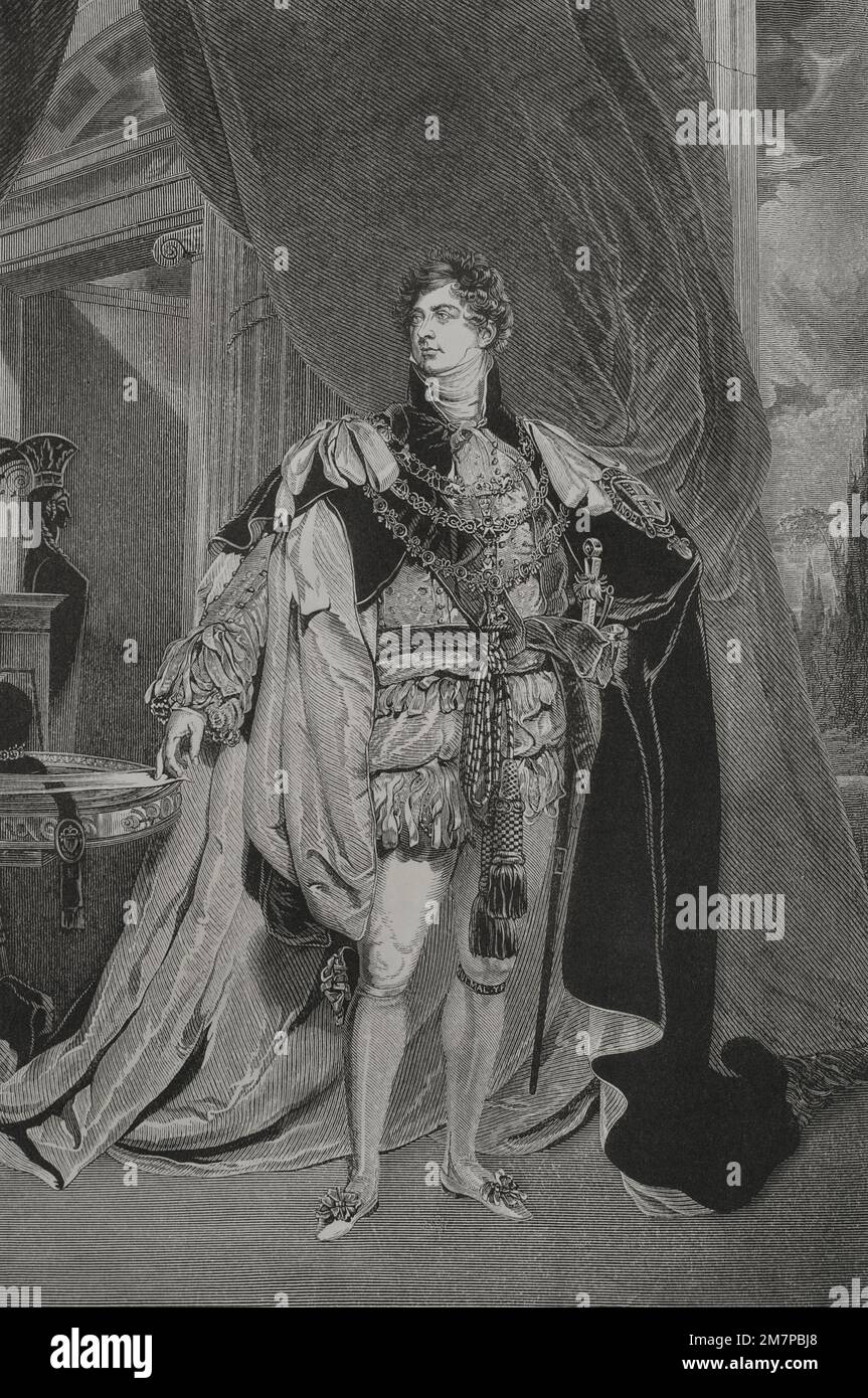 George IV. (1762-1830). König des Vereinigten Königreichs Großbritannien und Irland und König von Hannover (1820-1830). Porträt. Gravur von Cabasson und J. Quartley nach T. Lawrence. „Los Heroes y las Grandezas de la Tierra“ (die Helden und die Grandeurs der Erde). Volumen VI. 1856. Stockfoto