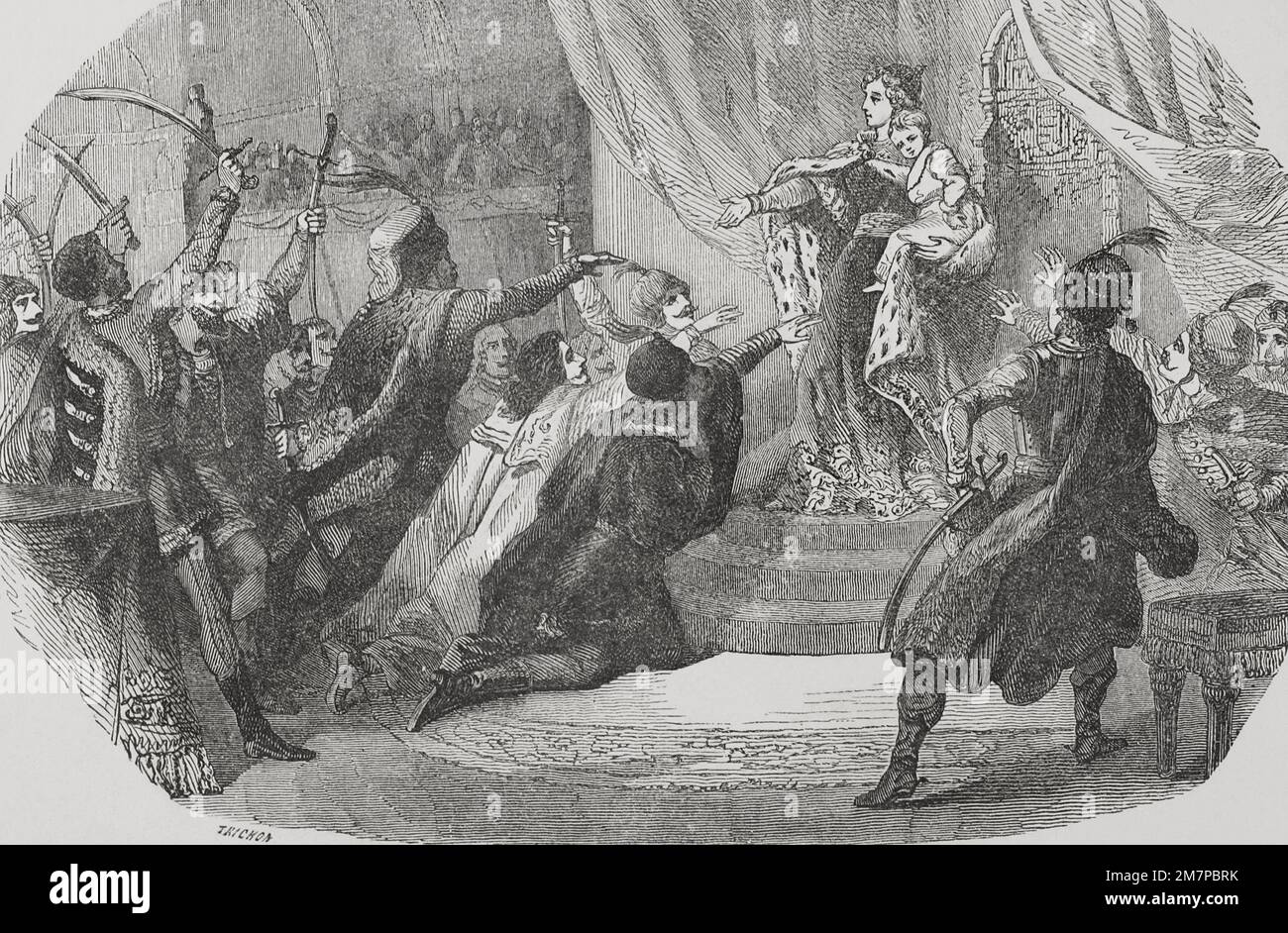 Der Osterreichische Erbfolgekrieg (1740-1748). Königin Maria Theresa I von Österreich (1717-1780) bittet das ungarische Parlament um Unterstützung mit ihrem Sohn Joseph II. In ihren Armen. Gravur von Trichon. „Los Heroes y las Grandezas de la Tierra“ (die Helden und die Grandeurs der Erde). Volumen VI. 1856. Stockfoto