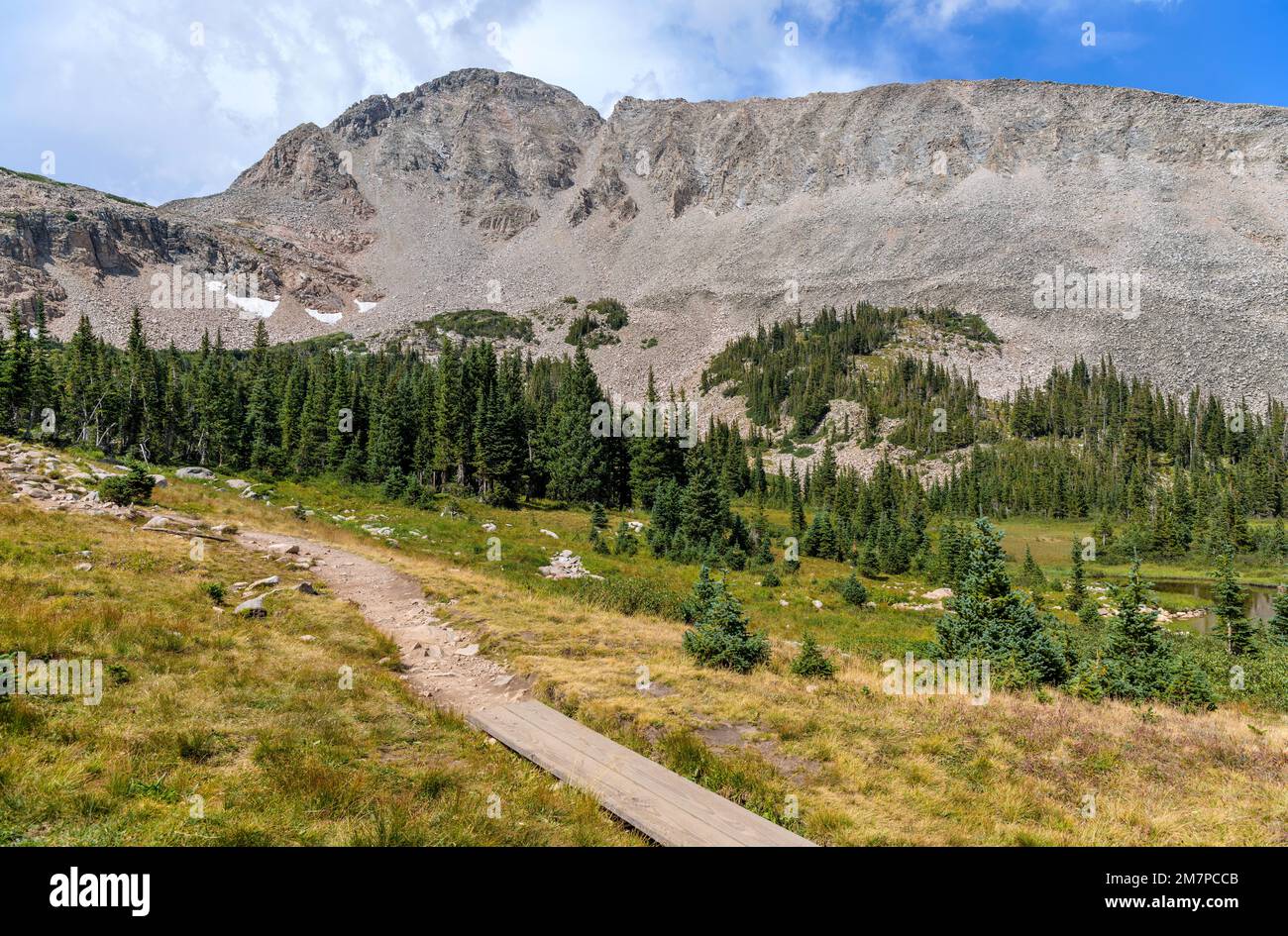 Robustheit Ridge – der im Spätsommer gelegene Blue Lake Trail in Indian Peaks Wilderness, Colorado, USA, bietet einen Blick auf den zerklüfteten südöstlichen Bergrücken des Mount Audubon. Stockfoto