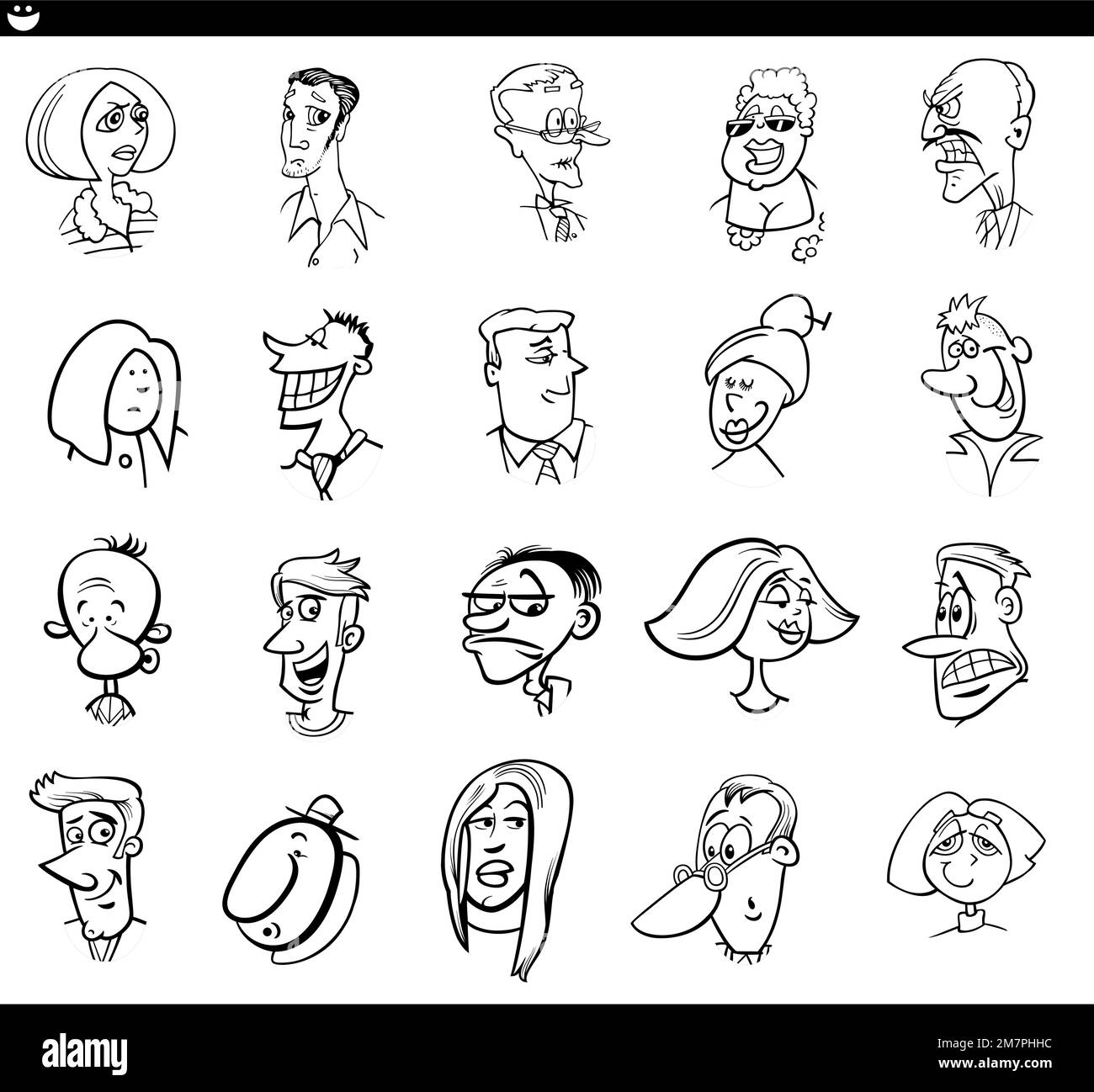 Schwarz-weiß-Cartoon mit lustigen Menschen Gesichtern Stock Vektor