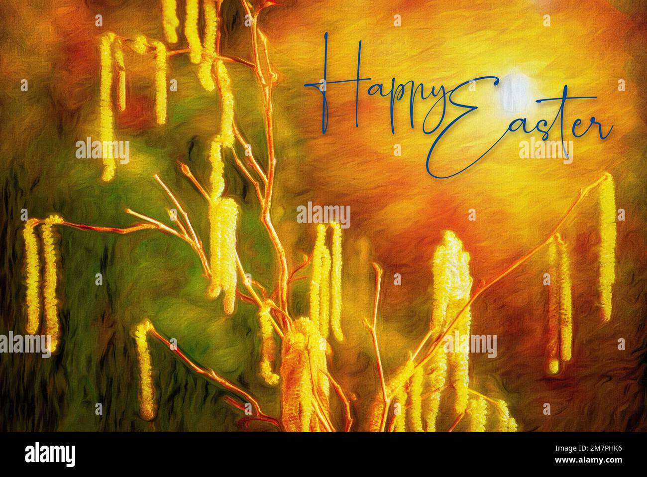 OSTERN THEMENDESIGN: Hazel Catkins (lat: Corylus avellana) oder Happy Easter Stockfoto