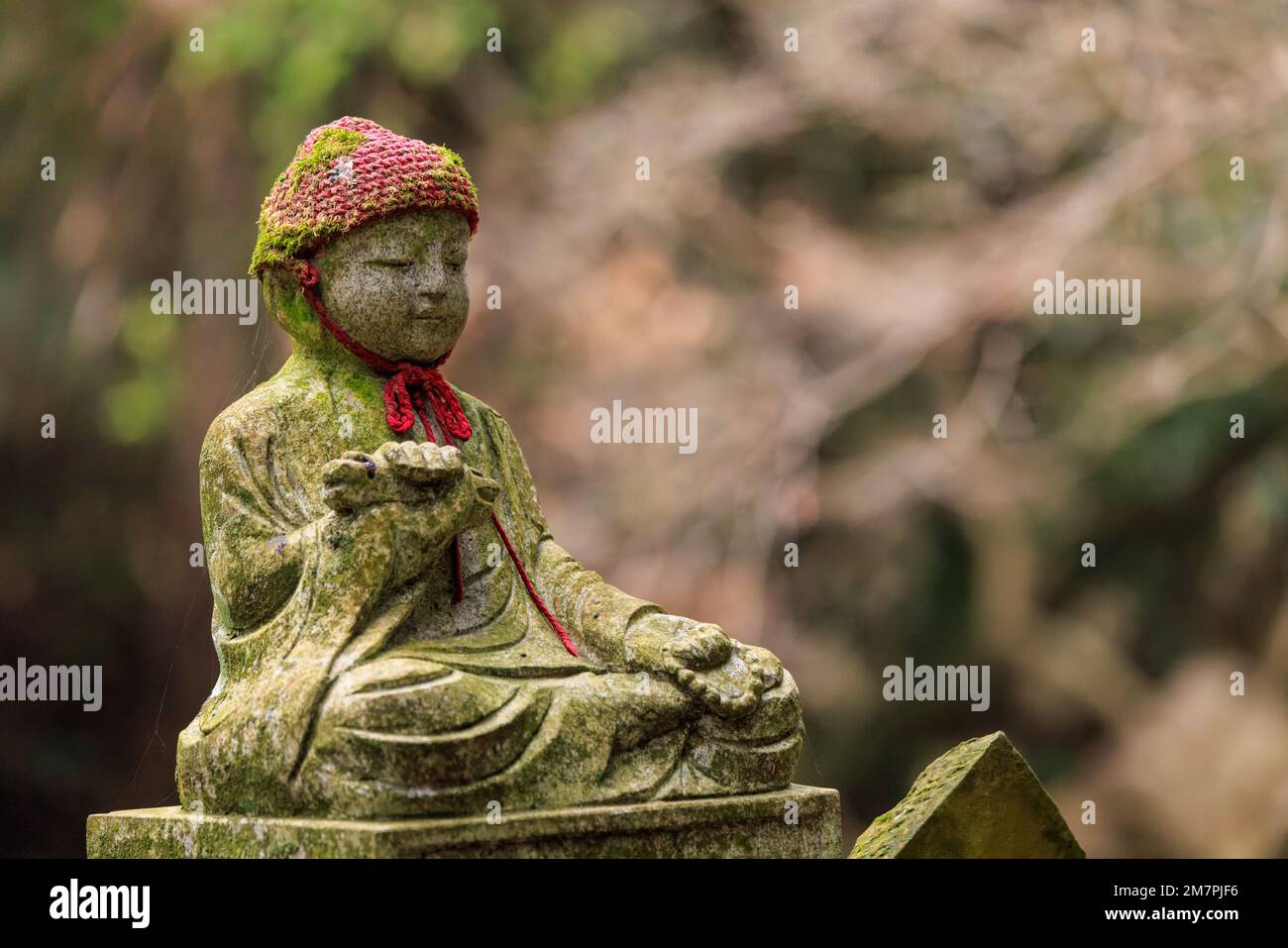 Eine Steinstatue des Kindes, das friedlich im japanischen buddhistischen Tempel im Wald sitzt Stockfoto