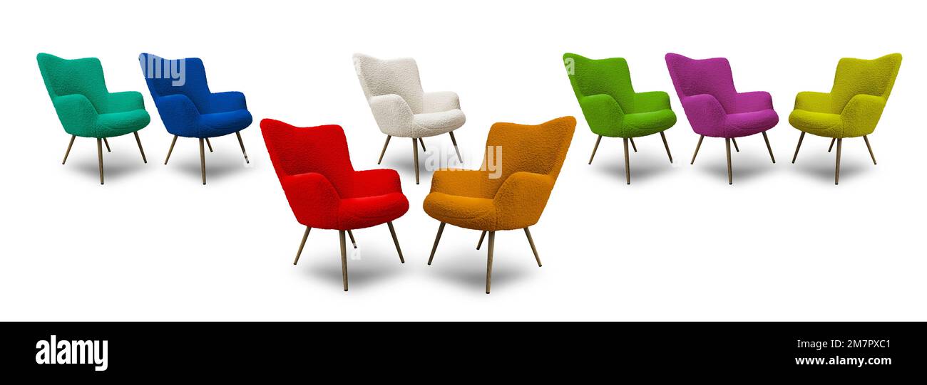 Stühle in modernen Farben, isoliert auf weißem Hintergrund Stockfoto