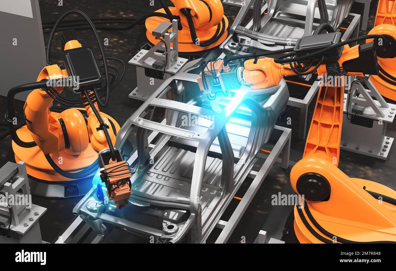 Automobil-Produktionslinie mit Robotern zur Arbeit in intelligenten Fabriken. 3D Abbildung Stockfoto