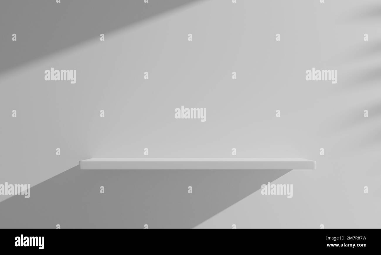 schwebendes Holzregal in 3D-Rendering an leerer weißer Wand. Stockfoto