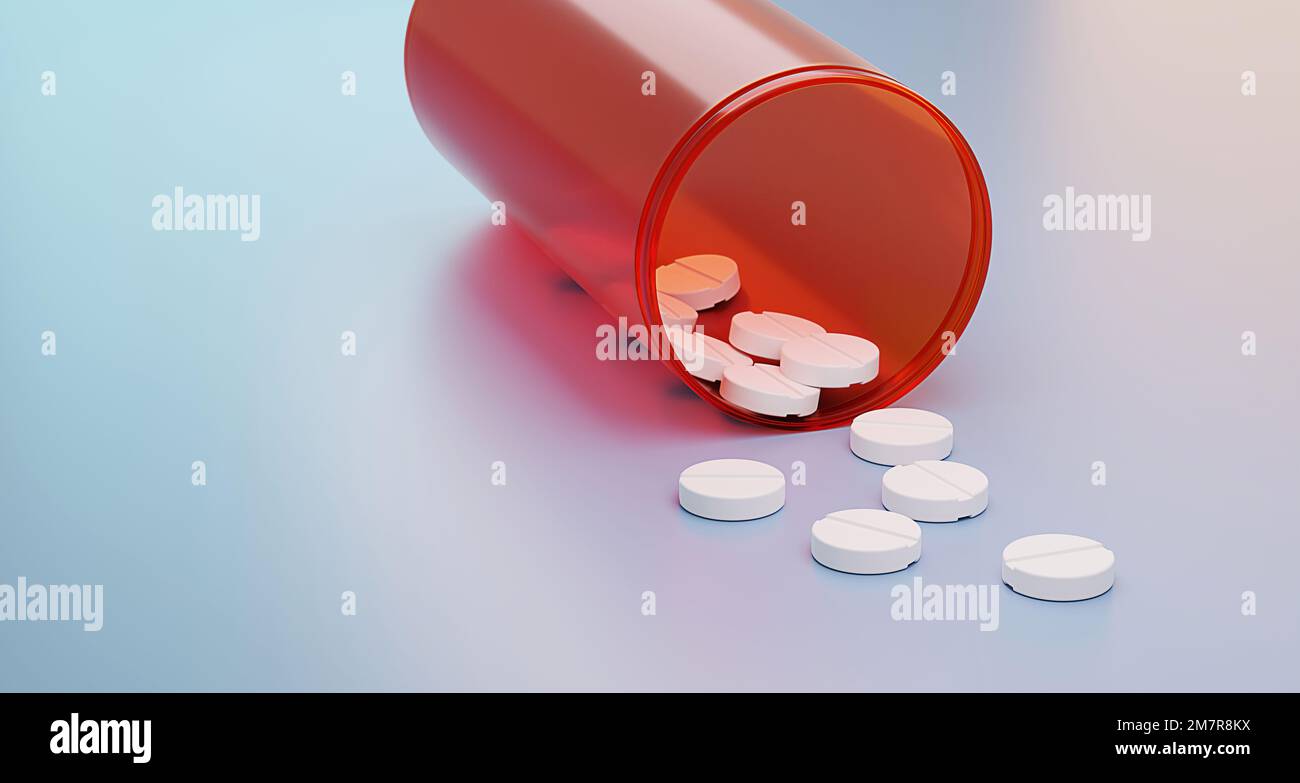 aus einem Glas orangefarbener, hellroter Tabletten wurden 3D Putztabletten abgefeuert. Medizinischer Hintergrund Stockfoto