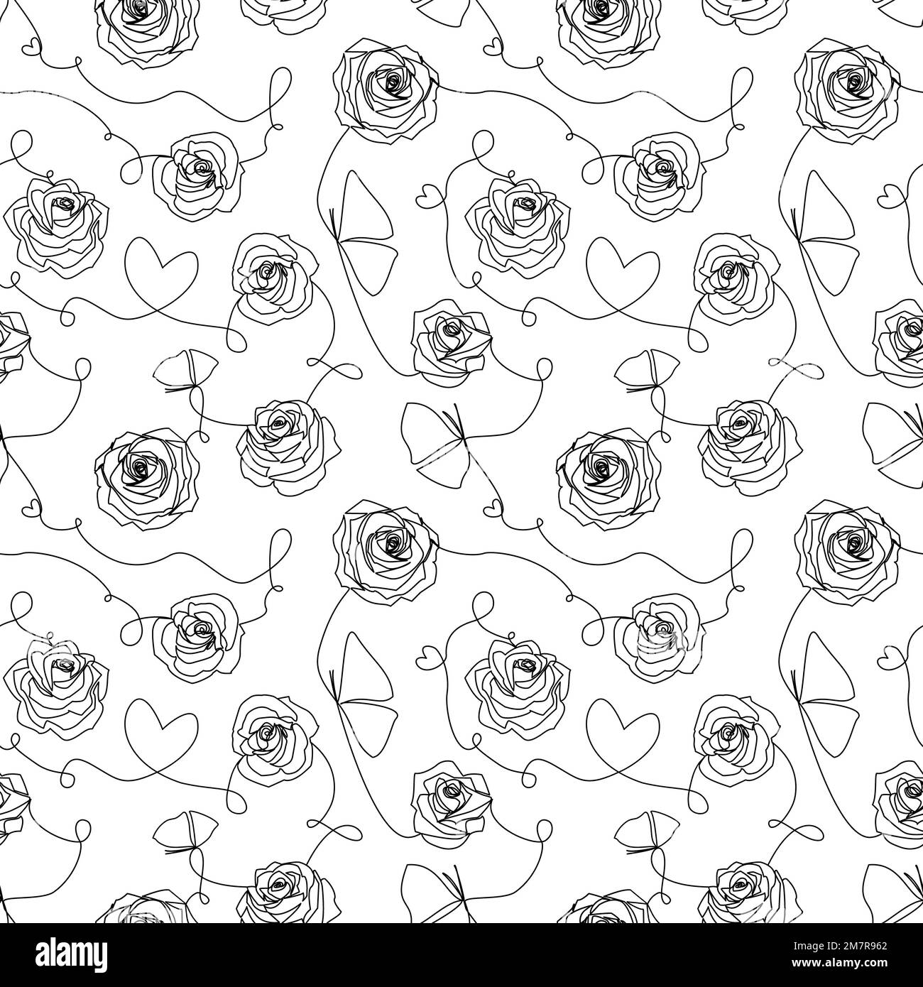 Einzeilige Schwarzweiß-Zeichnung abstrakter zeitgenössischer Kunst. Modernes, nahtloses Muster mit Rosen, Blumen, Herzen, Schmetterlingen aus weißem, durchgehendem B Stockfoto
