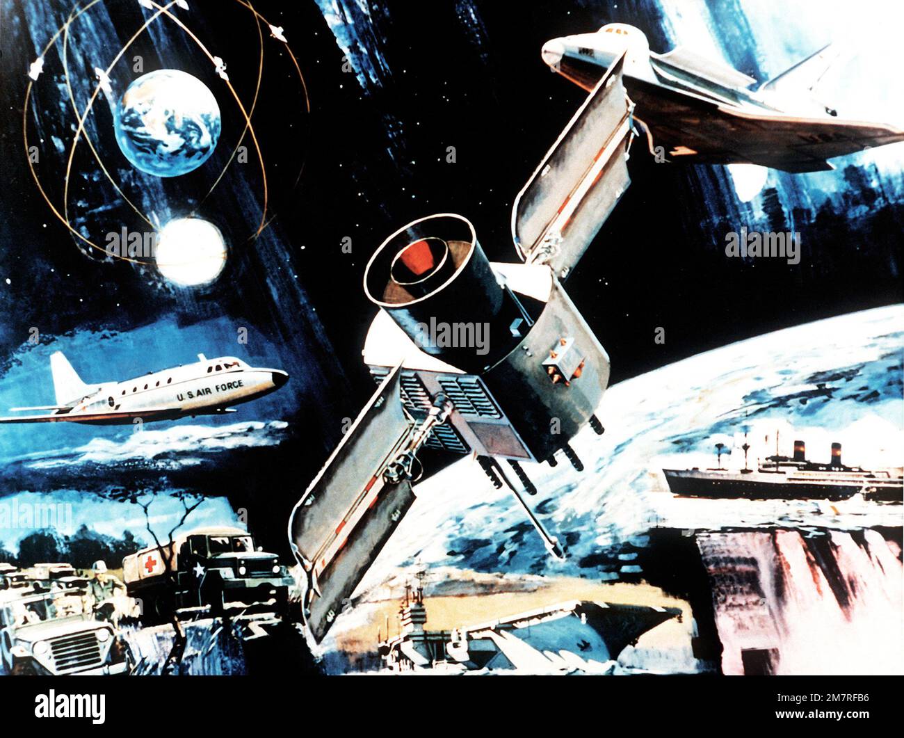 Eine Montage von Zeichnungen, einschließlich des Columbia Space Shuttle und des Global Positioning System Satellite (Navigationssystem mit Zeitgeber- und Bereichssatelliten). Basis: Luftwaffenstützpunkt Vandenberg Bundesstaat: Kalifornien (CA) Land: Vereinigte Staaten von Amerika (USA) Stockfoto