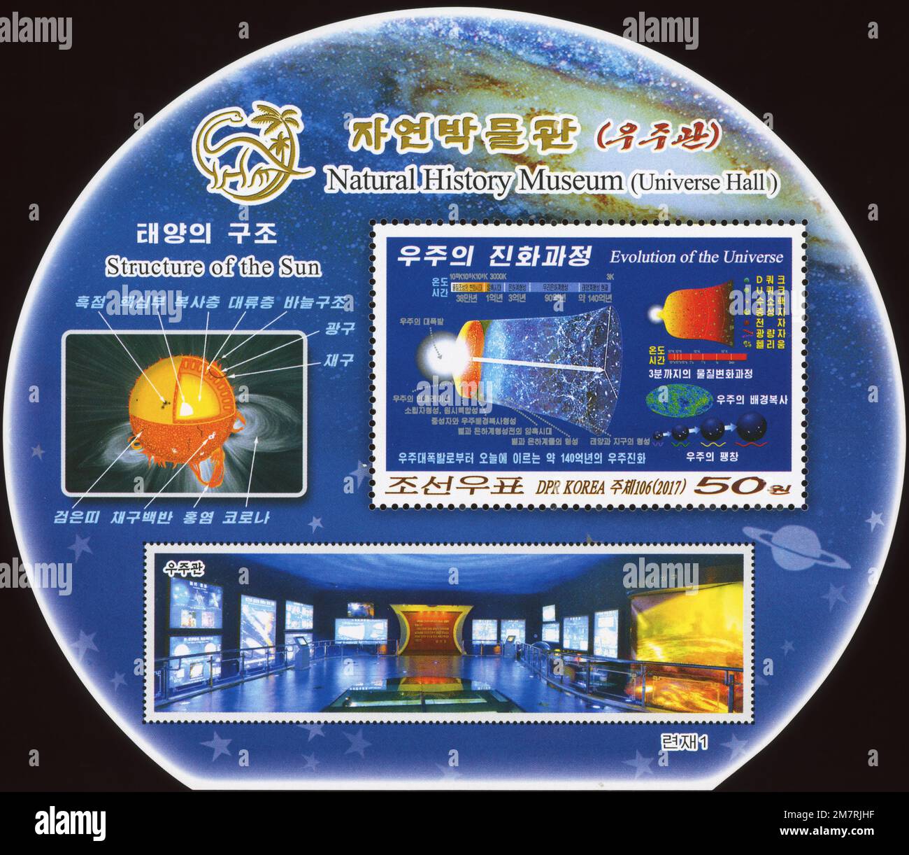 2017 Nordkorea-Stempel: Naturkundemuseum - Universe Hall, Evolution des Universums, Pjöngjang. Mit solarer Struktur und kosmischer Zeitachse. Stockfoto