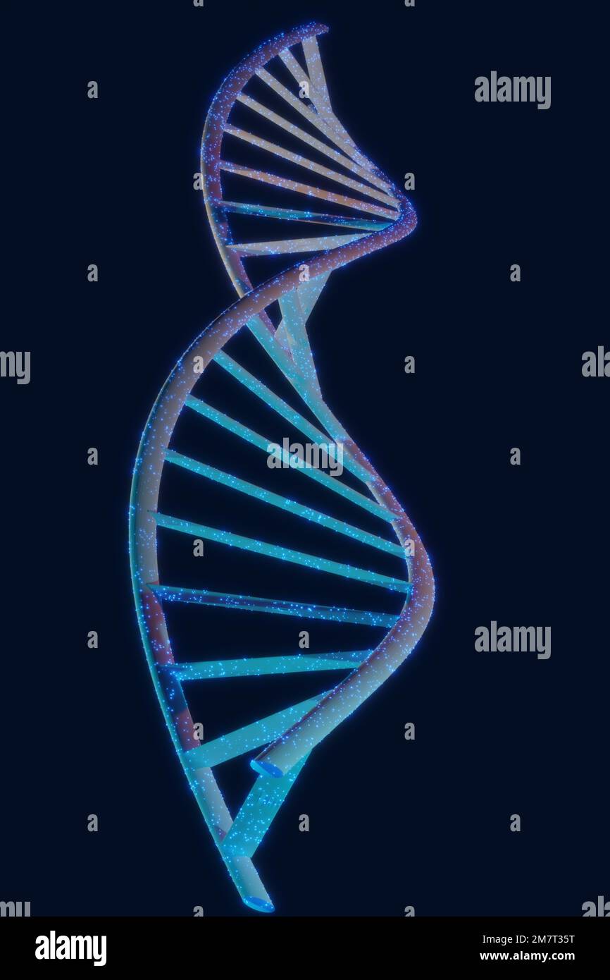 Dreidimensionale Darstellung Rendern in konzeptioneller Darstellung einer Doppelhelix-Spirale, die wissenschaftlich als DNA bekannt ist, umgeben von leuchtenden Partikeln, ph-wert Stockfoto