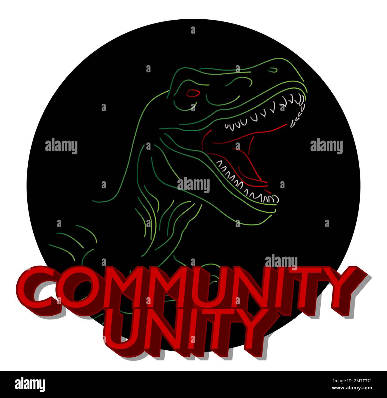 Dinosaurier mit Sprechblase, die das Wort "Community Unity" sagt. Tyrannosaurus Rex mit Gedanken. Stock Vektor