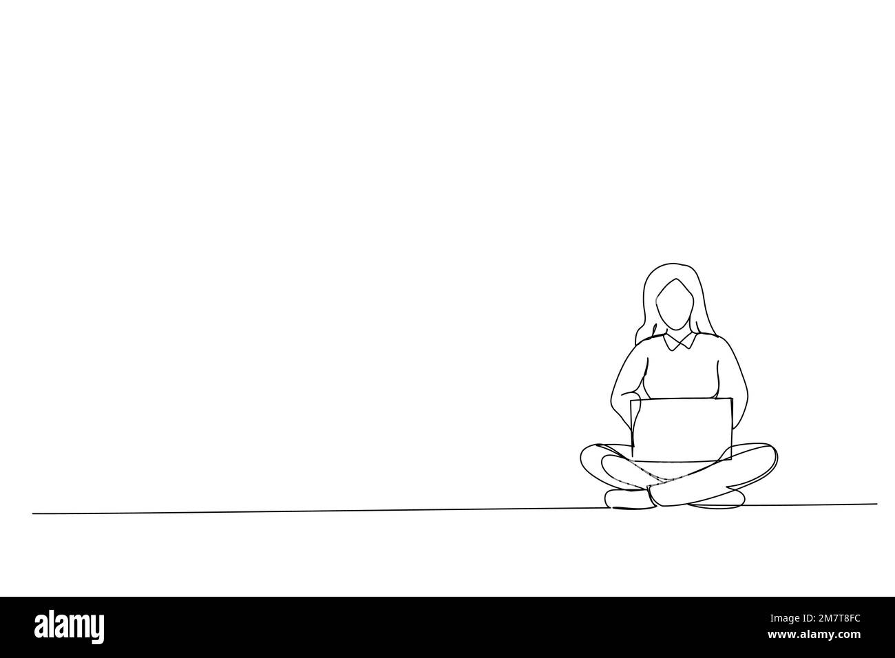 Zeichentrickfilm einer glücklichen Frau in zwangloser Atmosphäre, die in Lotus-Pose auf dem Boden sitzt und Laptop-One-Line-Kunst in der Hand hält Stock Vektor