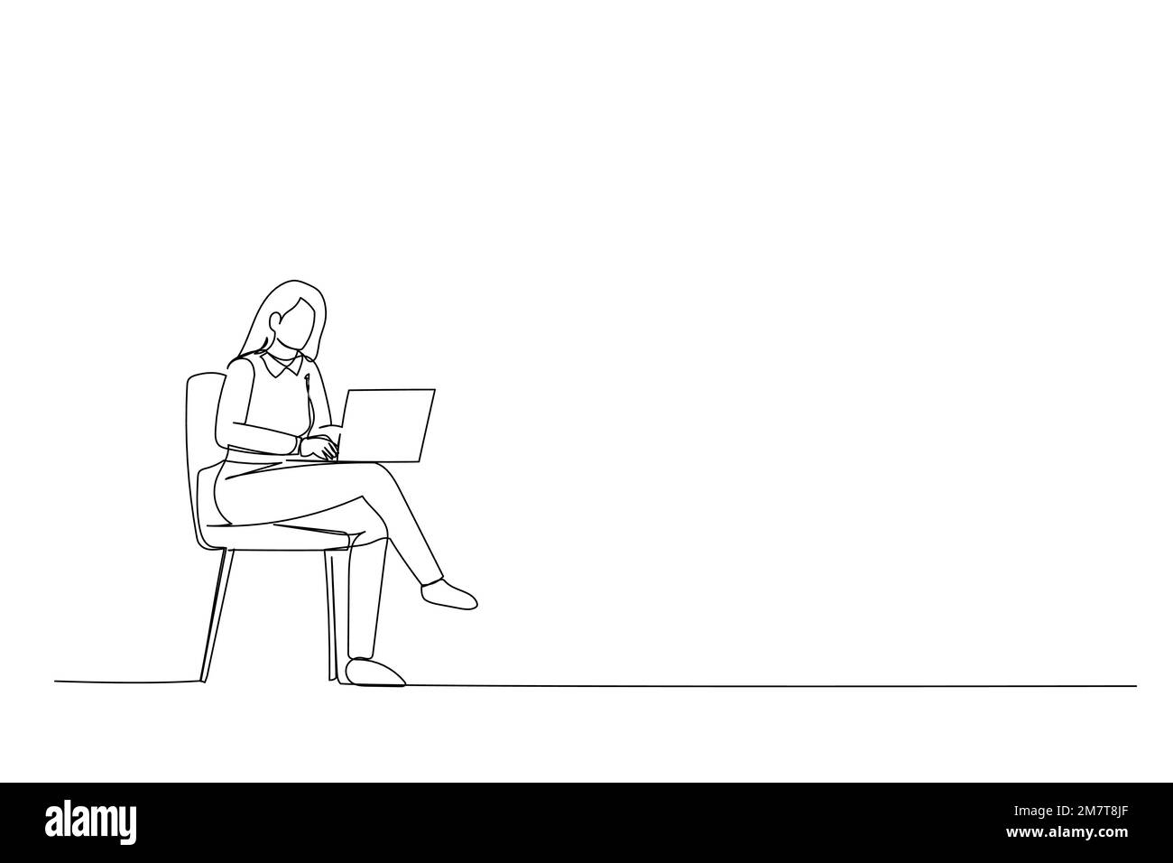 Zeichentrickfilm der CEO Lady Sesselstuhl verwendet Netbook online und kommuniziert den Stil einer ununterbrochenen Linie Stock Vektor