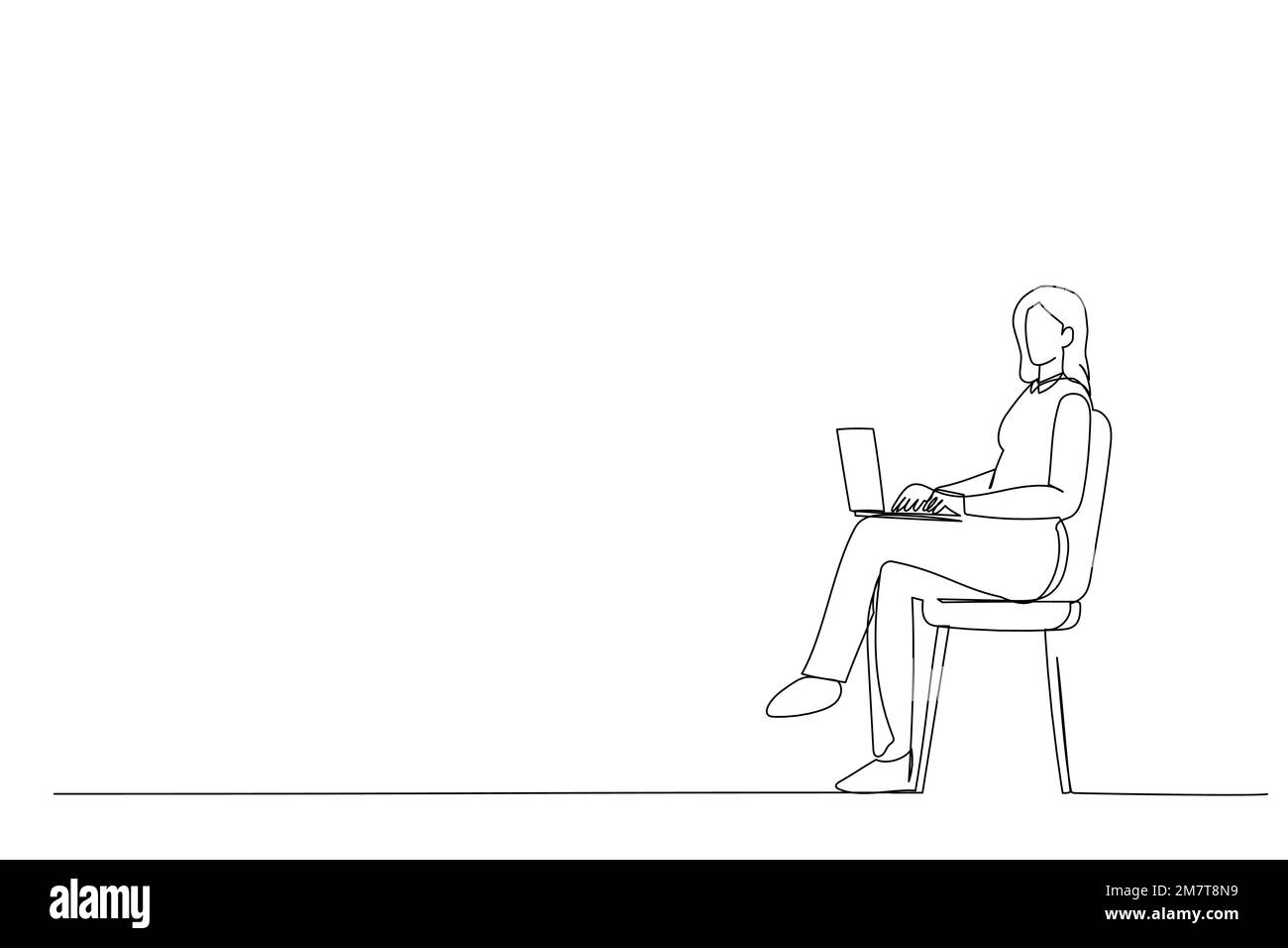 Zeichnung einer jungen asiatischen Frau, die lächelt und auf einem Stuhl sitzt, mit einem Laptop, Continuous Line Art Stock Vektor
