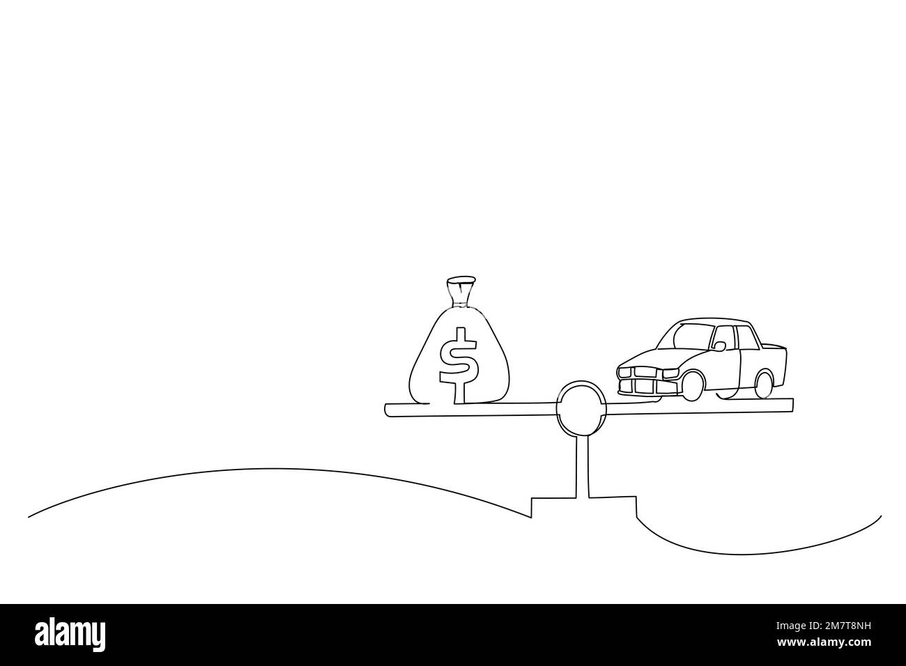 Cartoon mit Auto und Geld auf Waage. Auto-Metapher kaufen. Einteilige, durchgehende Strichart Stock Vektor