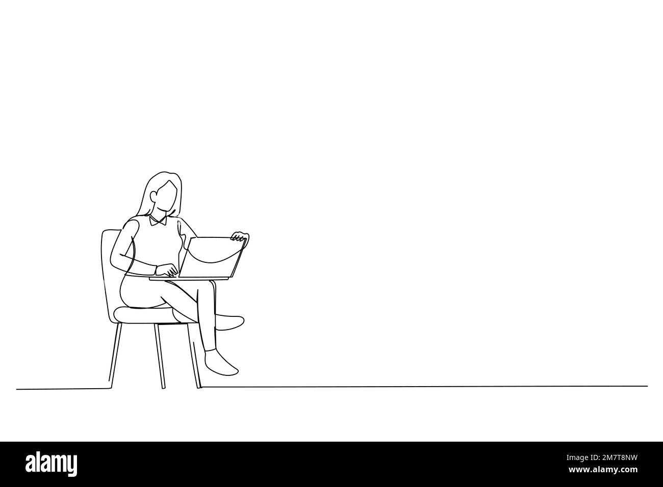 Cartoon von Young Woman, die zu Hause ein Notebook benutzt, Platz für Text einzeilige Kunst Stock Vektor