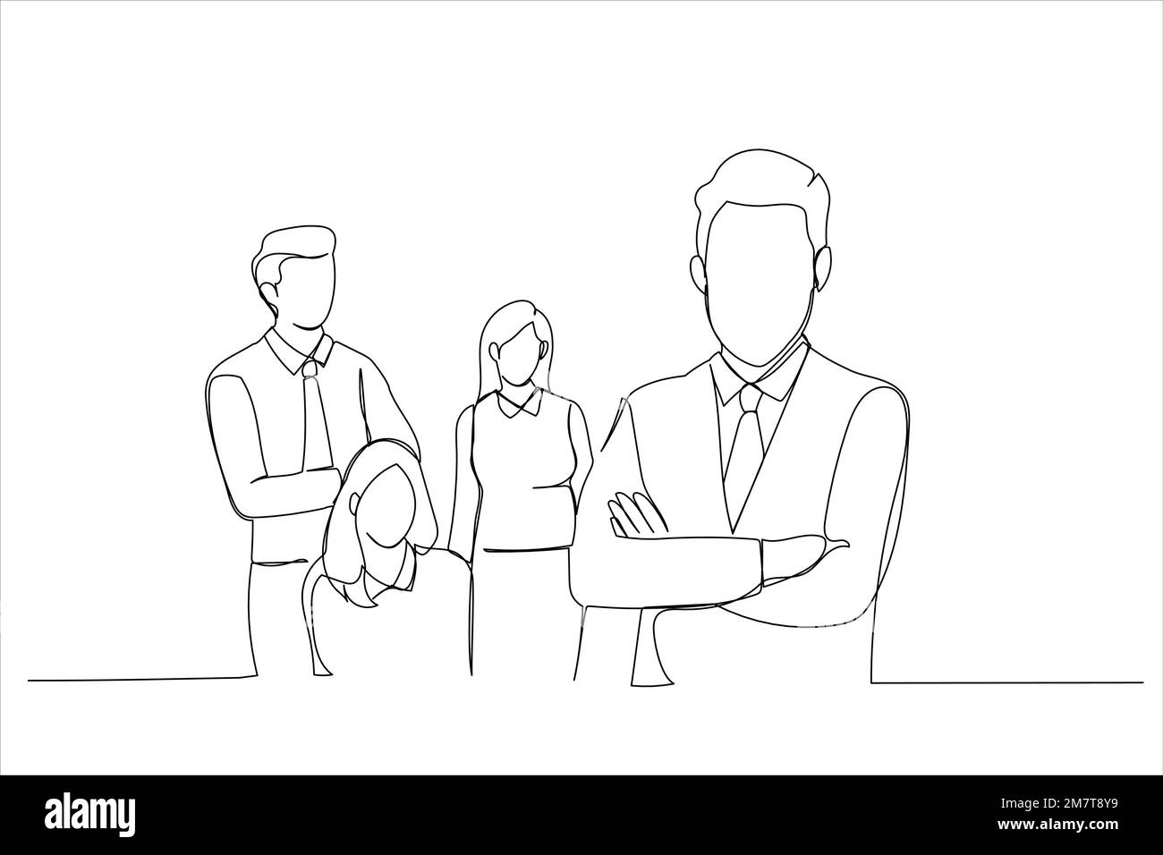 Darstellung eines Geschäftsmannes in formeller Kleidung und mit gekreuzten Armen im Amt. Im Hintergrund posiert sein Team. Einzeilige Kunst Stock Vektor