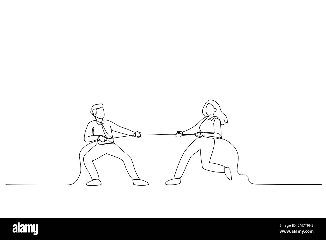 Zeichnung von "Schlepper des Krieges". Mann und Frau ziehen ein Seil. Metapher für den Wettbewerb im Unternehmen. Einzeiliger Kunststil Stock Vektor
