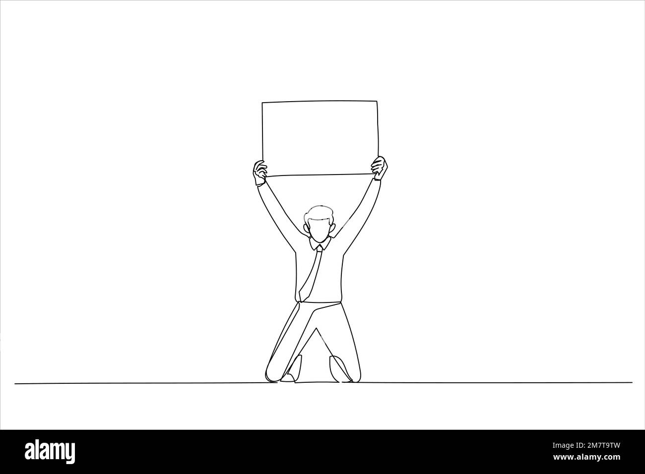 Zeichentrickfilm eines aufgeregten Mannes, der ein weißes, leeres Panel mit Platz für Text hält. Strichgrafiken Stock Vektor