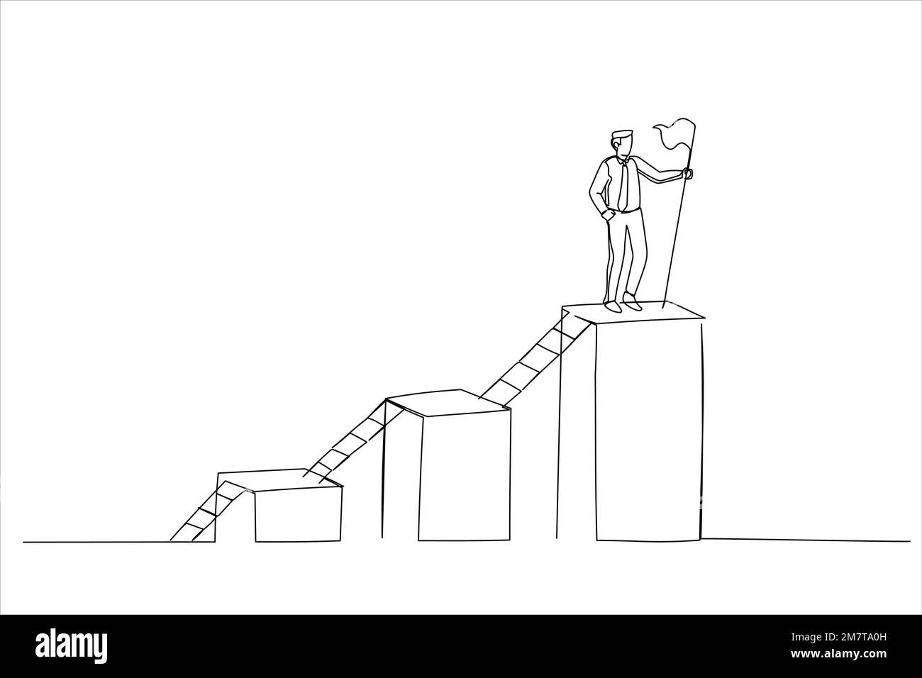 Abbildung: Geschäftsmann klettert Schritt für Schritt auf eine Leiter, um das Ziel zu erreichen. Schritt zum Geschäftswachstum, Leiter des Erfolgs. Einzeilige Kunst Stock Vektor
