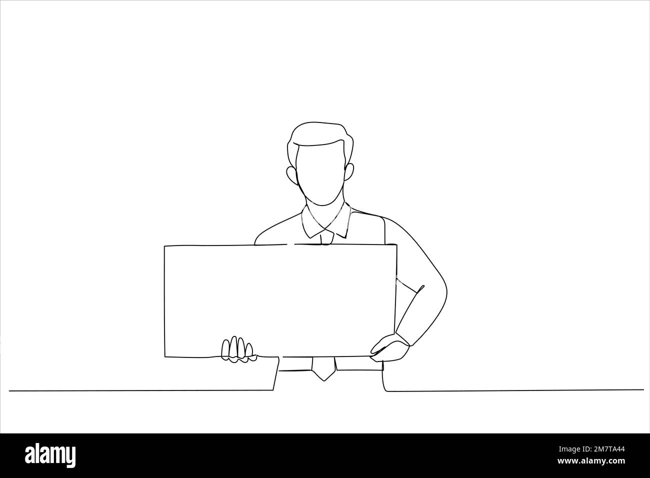 Abbildung eines jungen Geschäftsmanns, der selbstbewusst mit gekreuzten Armen ein Plakat hält. Einzeiliger Kunststil Stock Vektor