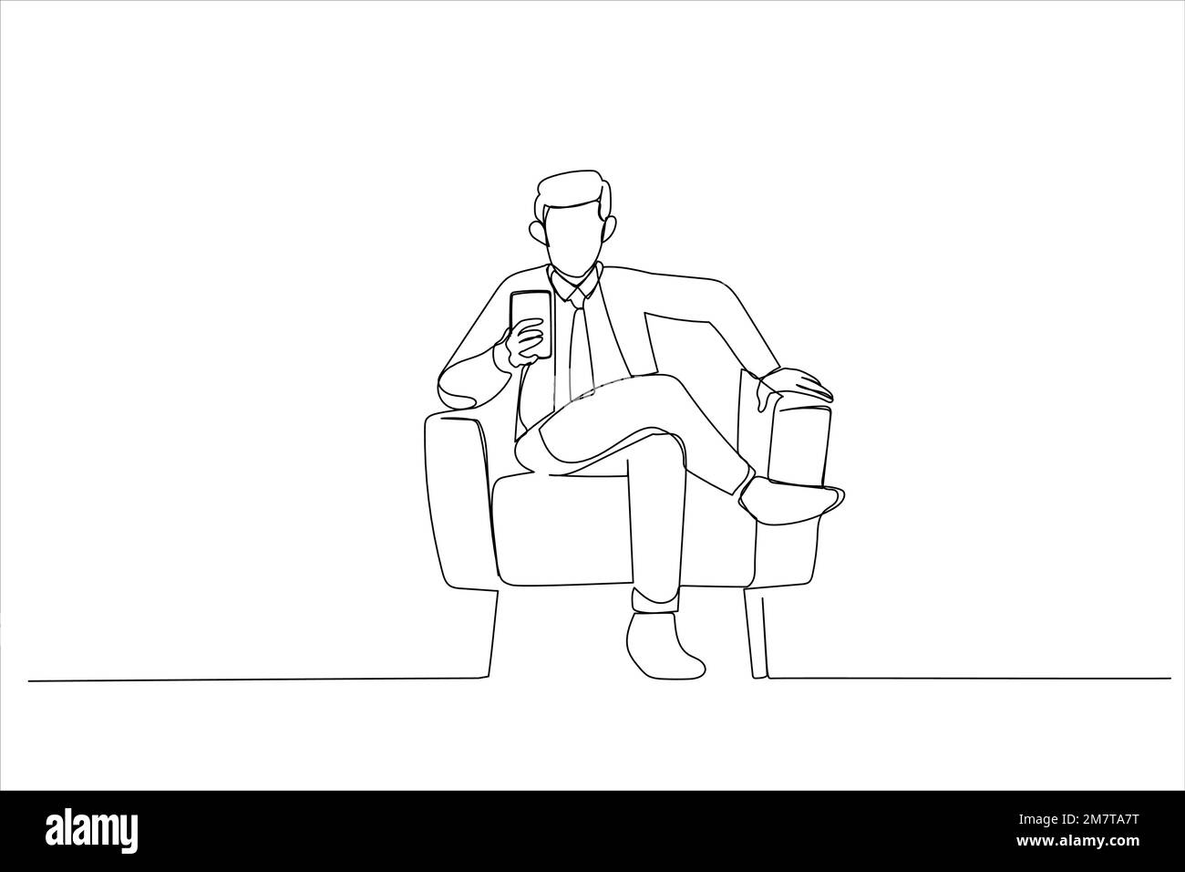 Abbildung eines Mannes, der ein Smartphone benutzt und für eine neue mobile Anwendung wirbt, der im Sessel sitzt und online SMS schreibt. Einzeiliger Kunststil Stock Vektor