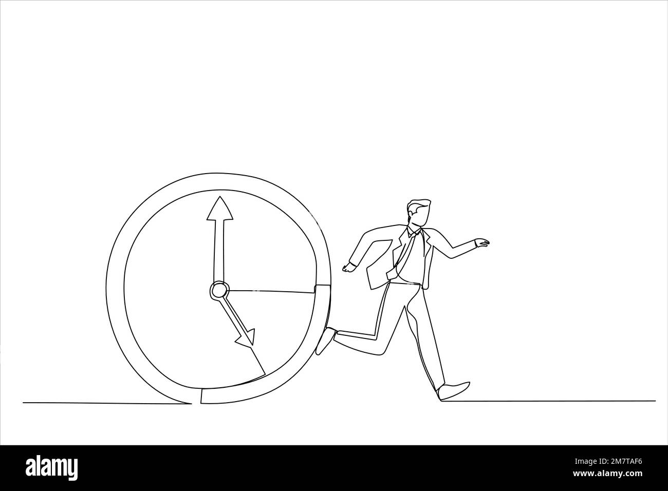 Zeichnung eines Geschäftsmanns, der vor der Uhr läuft. Einzeiliger Kunststil Stock Vektor