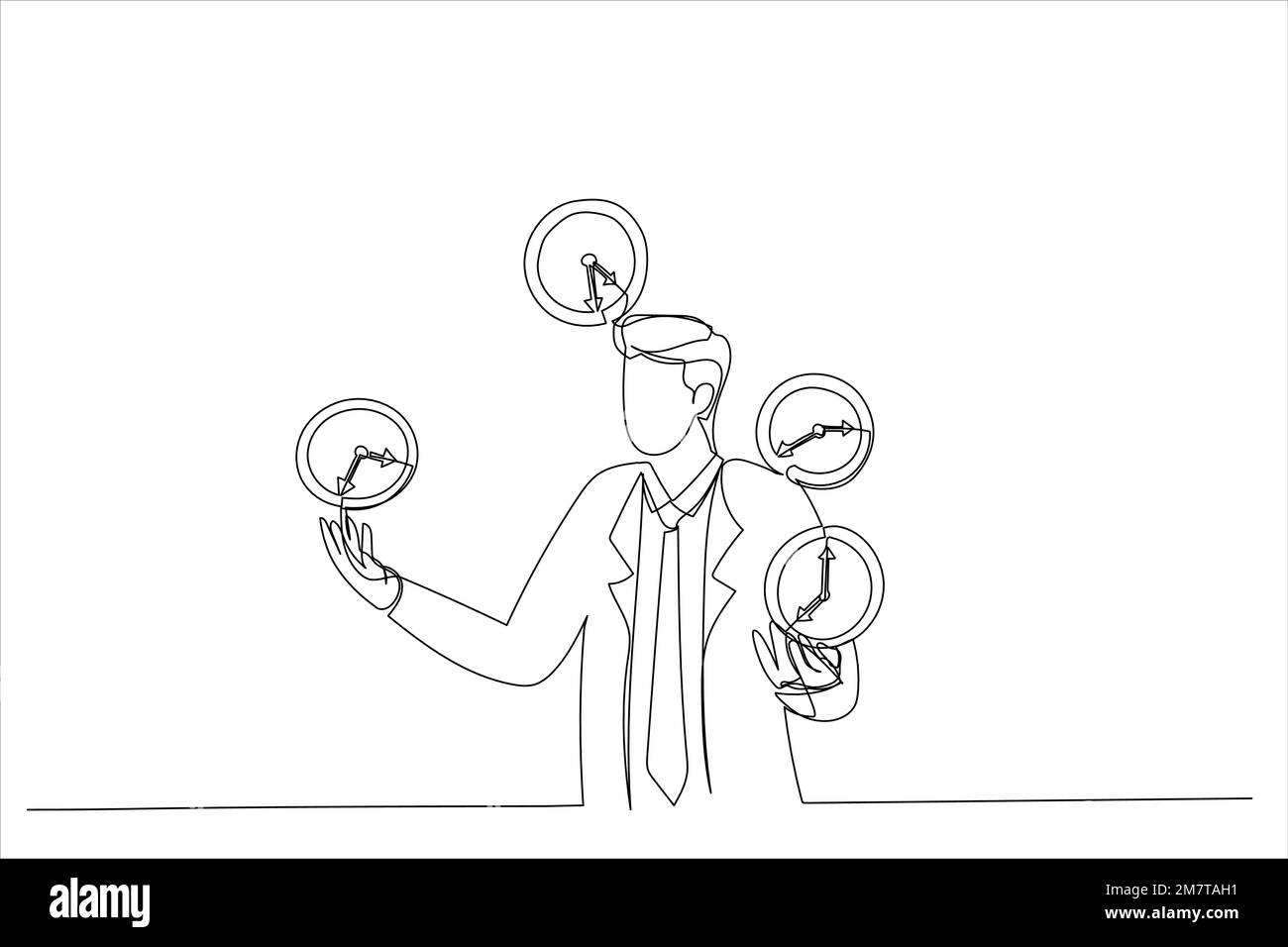 Darstellung eines Geschäftsmanns, der erfolgreich mit dem Zeitmanagement jongliert. Metapher für erfolgreiches Zeitmanagement. Einzeiliger Kunststil Stock Vektor