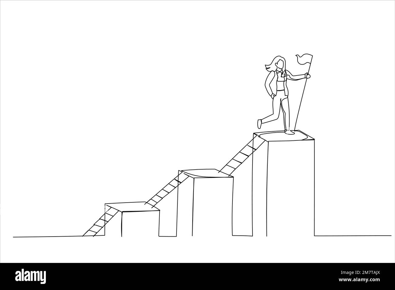 Abbildung: Geschäftsfrau, die Schritt für Schritt auf eine Leiter klettert, um das Ziel zu erreichen. Schritt zum Geschäftswachstum, Leiter des Erfolgs. Einzeilige Kunst Stock Vektor