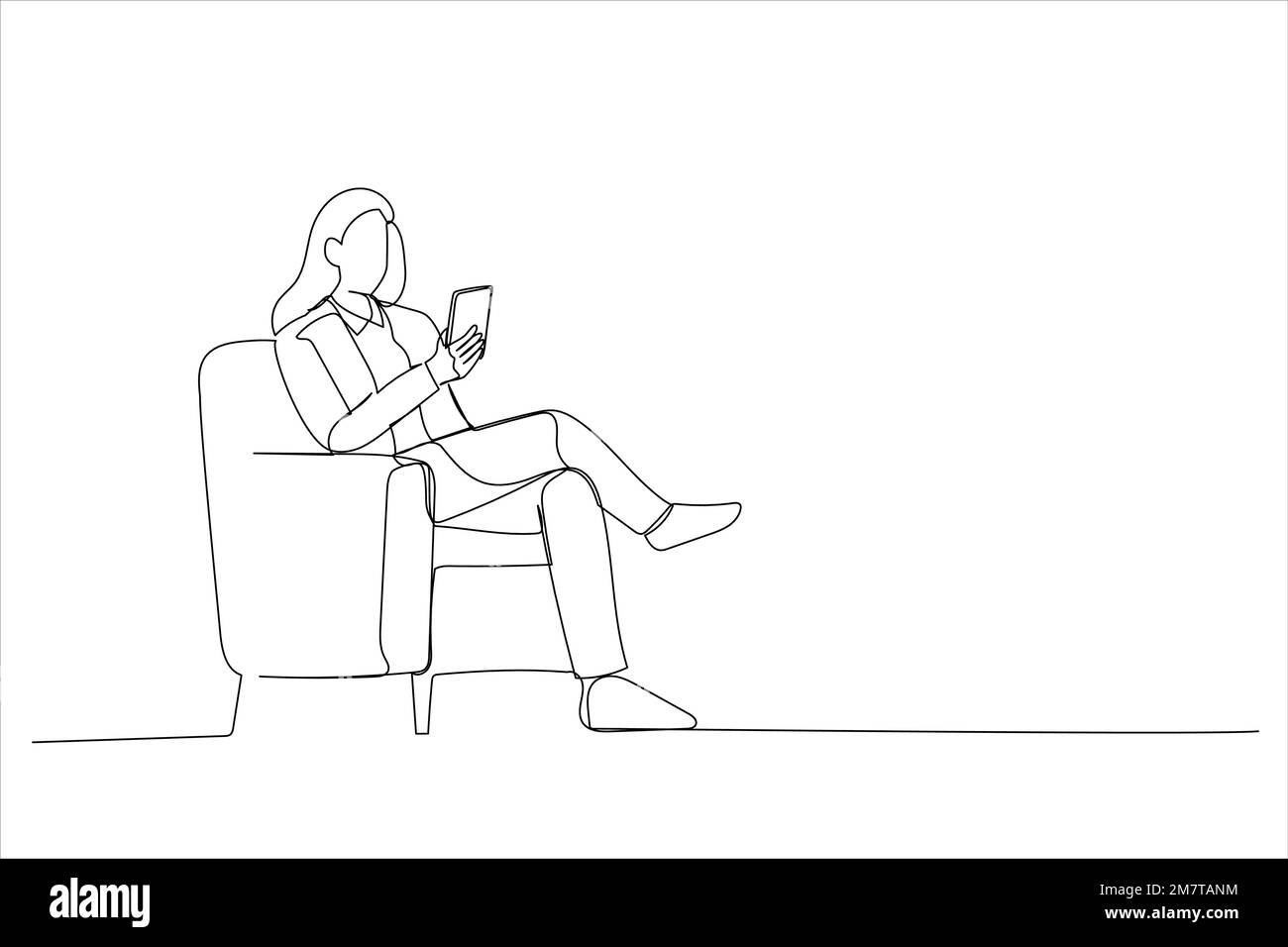 Cartoon einer Frau, die ein Mobiltelefon mit neuer Anwendung benutzt und im Sessel sitzt. Einteilige, durchgehende Strichart Stock Vektor
