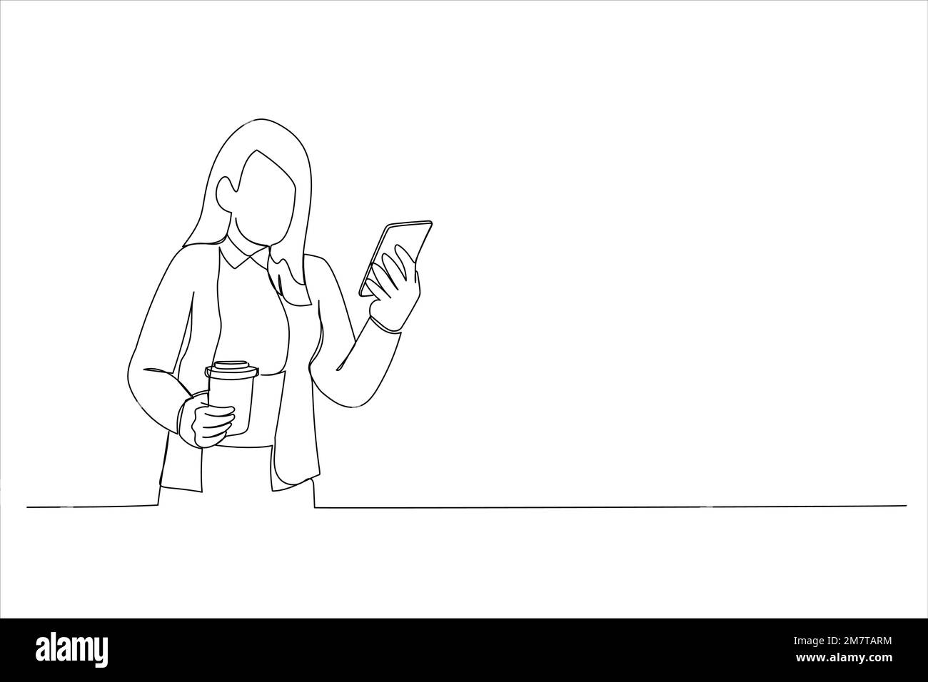 Darstellung einer Geschäftsfrau, die ein Smartphone im Freien benutzt. Einzeilige Kunst Stock Vektor