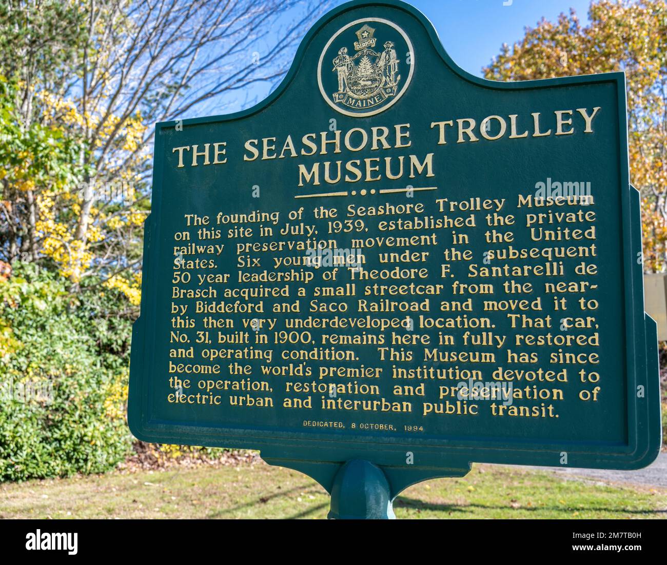 Das historische Schild am Seashore Trolley Museum erklärt, wie das Museum begann Stockfoto