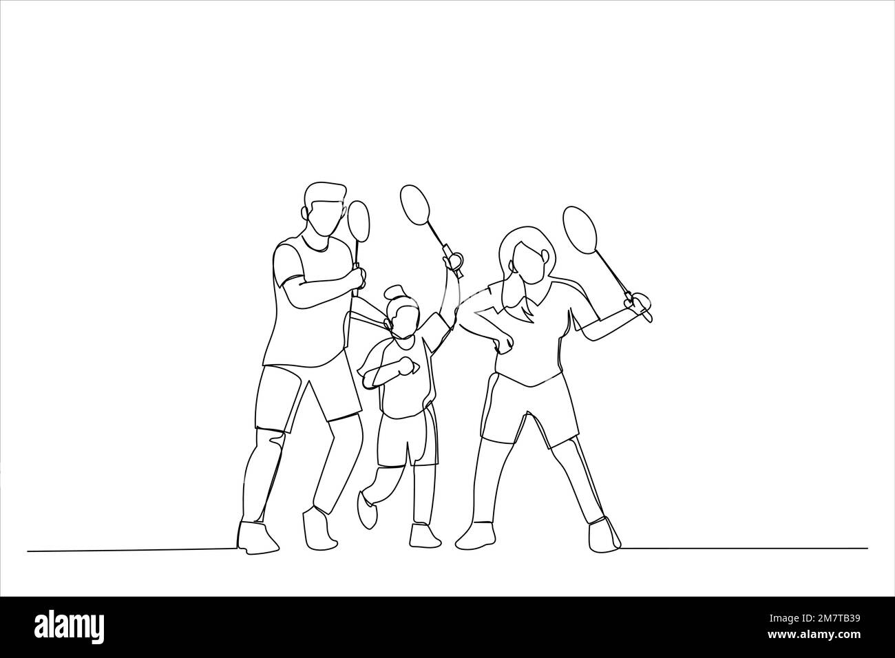 Familienzeichnung mit Badmintonschlägern und Pendelhahn. Einzelne durchgehende Strichgrafiken Stock Vektor