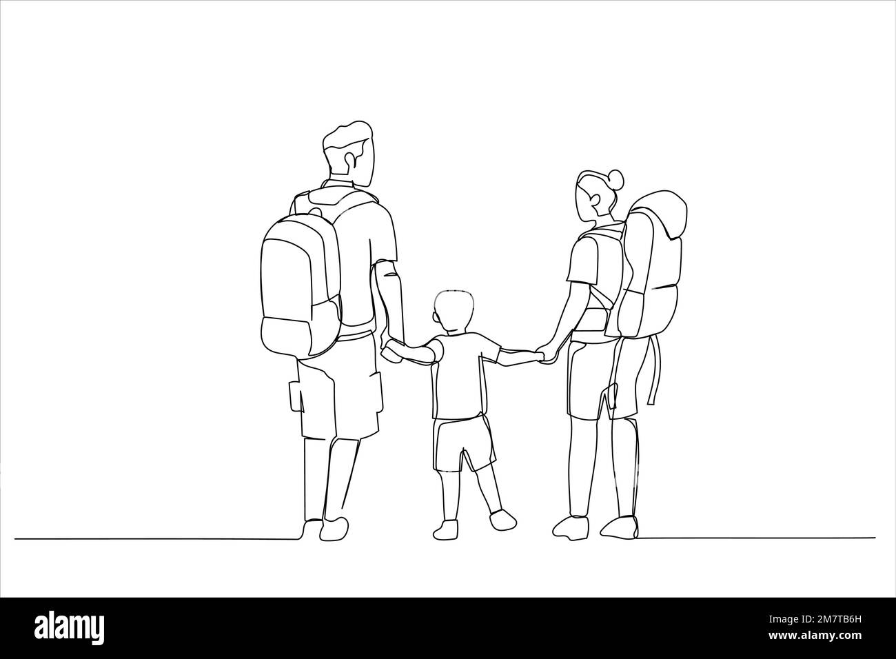 Cartoon von Familien mit Kindern, die im Sommer im Freien wandern. Einteilige, durchgehende Strichart Stock Vektor