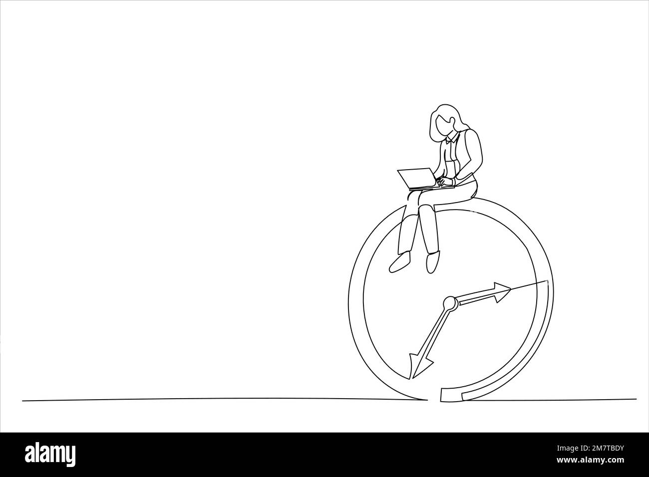 Zeichnung einer Geschäftsfrau mit einem Computer-Laptop, die auf der Uhr sitzt. Das Konzept "Nachtschicht, Überstunden". Einzelne durchgehende Strichgrafiken Stock Vektor