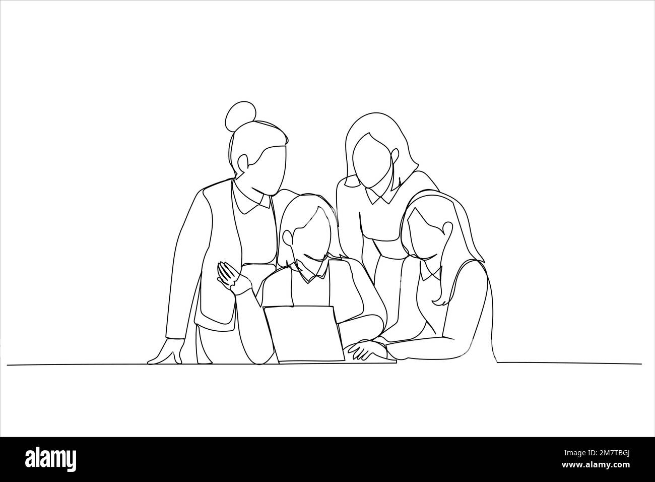 Illustration: Weibliches Team im Büro interagiert beim Brainstorming. Einzeilige Kunst Stock Vektor