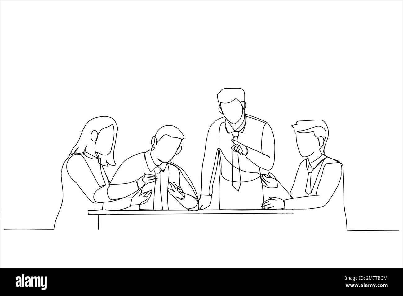 Cartoon eines Büromitarbeiters, der Kollegen während der Gruppenbesprechung zuhört. Einteilige, durchgehende Strichart Stock Vektor