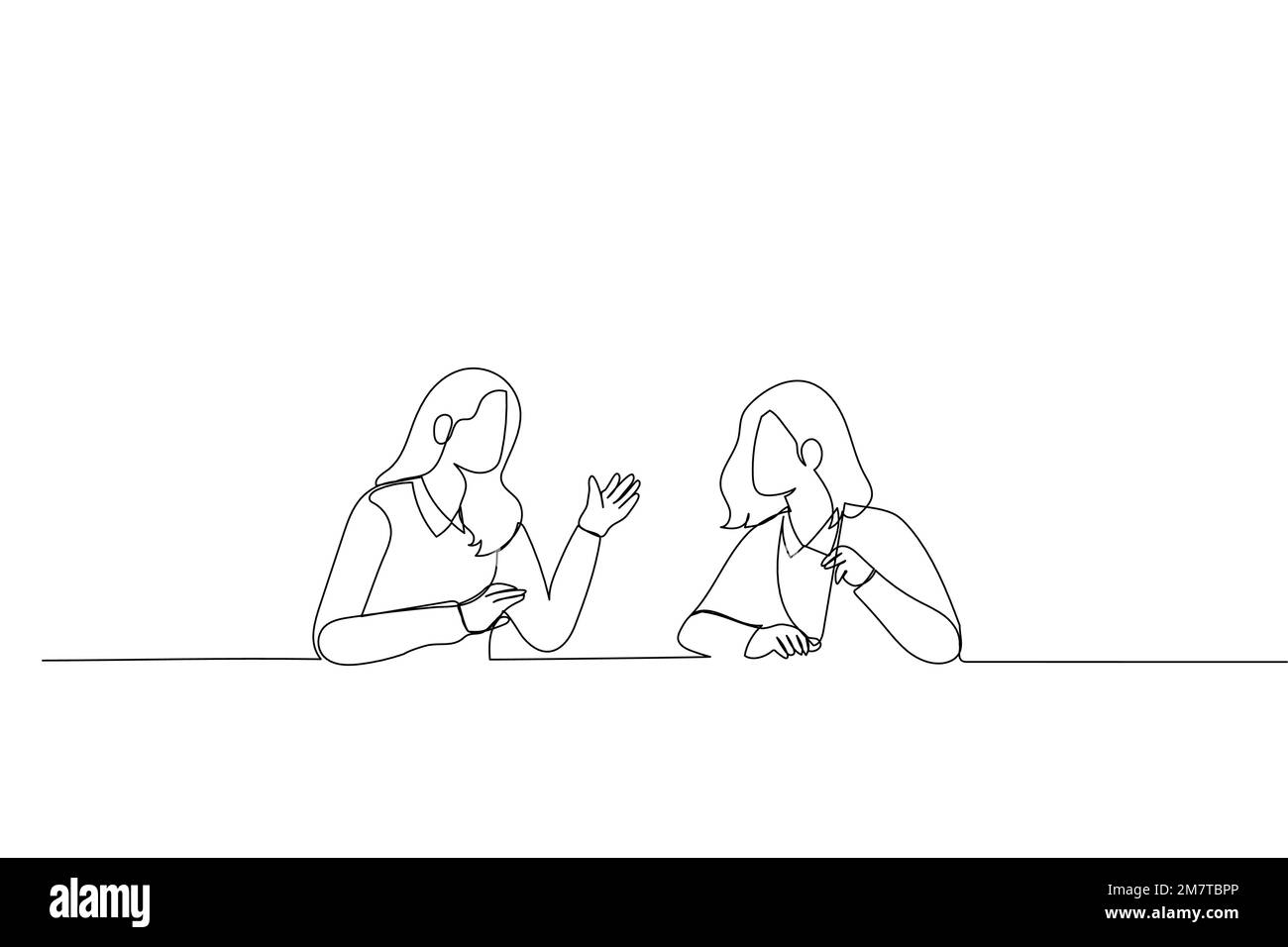 Zeichentrickfilm eines begeisterten Mitarbeiters, der neue Projektideen mit weiblichen Chefs teilt. Einteilige, durchgehende Strichart Stock Vektor