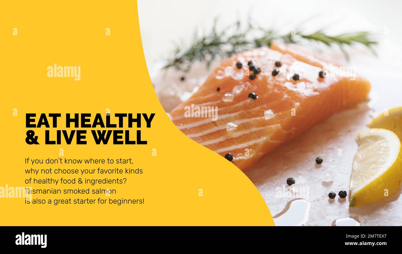 Vorlage für gesunde Lebensmittel mit einer Präsentation des frischen Lachs im abstrakten memphis-Design Stock Vektor