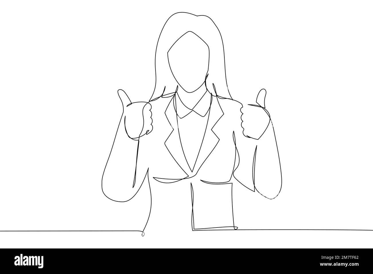 Cartoon einer Geschäftsfrau im Anzug, mit Daumen-hoch-Geste. Strichgrafiken Stock Vektor