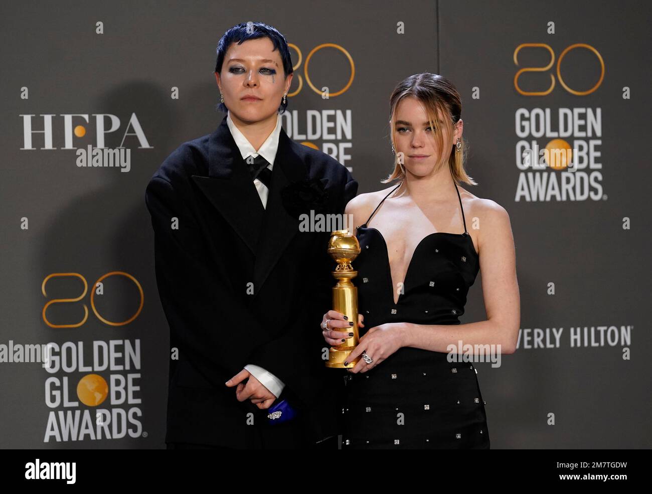 Emma D'Arcy, left, and Milly Alcock pose in the press room with the