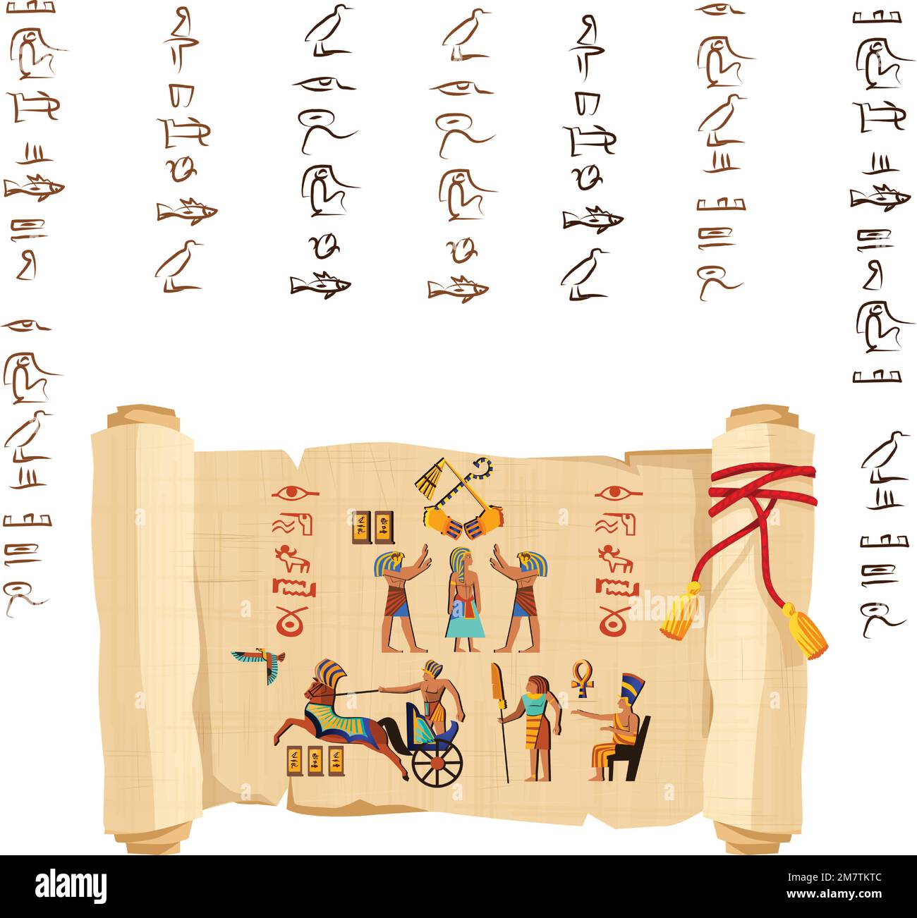 Alte ägyptische Papyrus-Schriftrolle mit rotem Cord-Cartoon-Vektor. Antikes Papier mit Hieroglyphen und religiösen Symbolen der ägyptischen Kultur, antiken Göttern, Streitwagen und menschlichen Figuren, isoliert auf weißem Hintergrund Stock Vektor