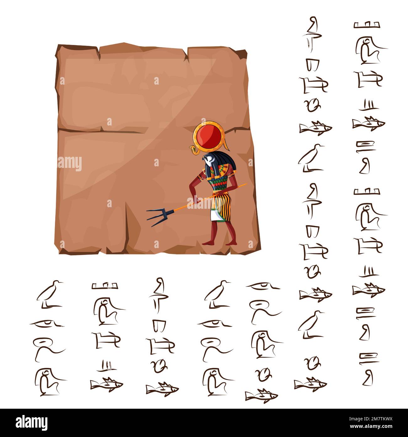 Altes ägyptisches Papyrus Teil oder Steinsäule mit heiligem Falken Kopf gott Cartoon Vektordarstellung. Ägyptisches Kultursymbol, unbeschriftetes, antikes Papier mit Hieroglyphen, isoliert auf Weiß Stock Vektor