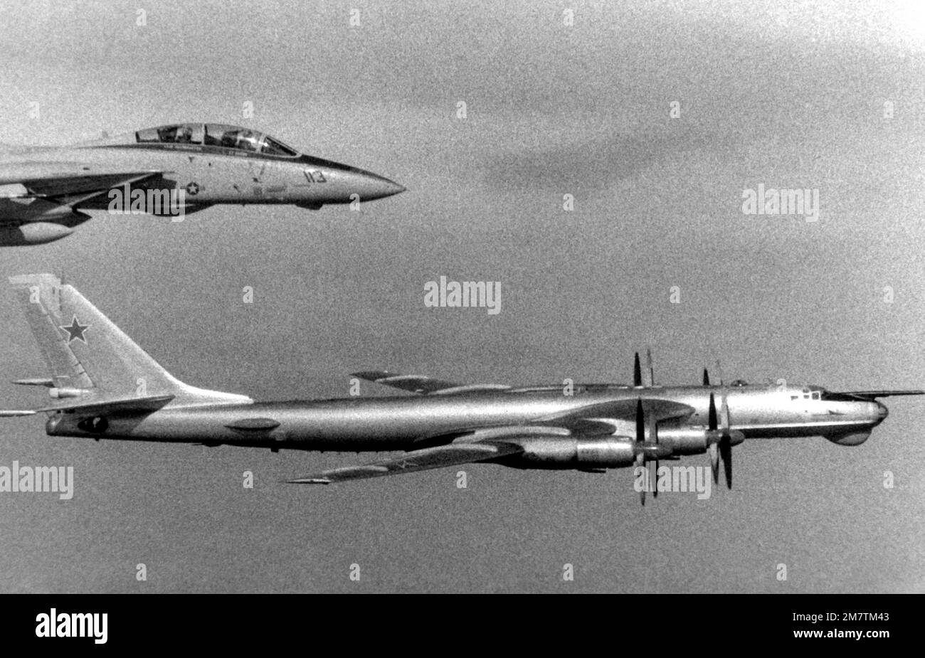 Eine Air-to-Air-Seitenansicht eines sowjetischen TU-95 Tupolev-Flugzeugs und eines US-Flugzeugs Navy F-14A Tomcat-Flugzeug, oben. Die F-14A stammt aus dem Kampfgeschwader 211 (VF-211) und ist an Bord des Flugzeugträgers USS CONSTELLATION (CV-64). Die NATO-Bezeichnung der TU-95 ist Bear. Land: Westlicher Pazifik Stockfoto