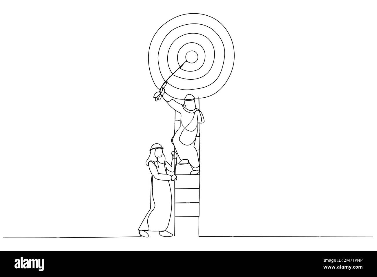 Der Cartoon eines arabischen Geschäftsmannes klettert auf eine Leiter im Ziel. Metapher für Teamwork. Einzeilige Kunst Stock Vektor