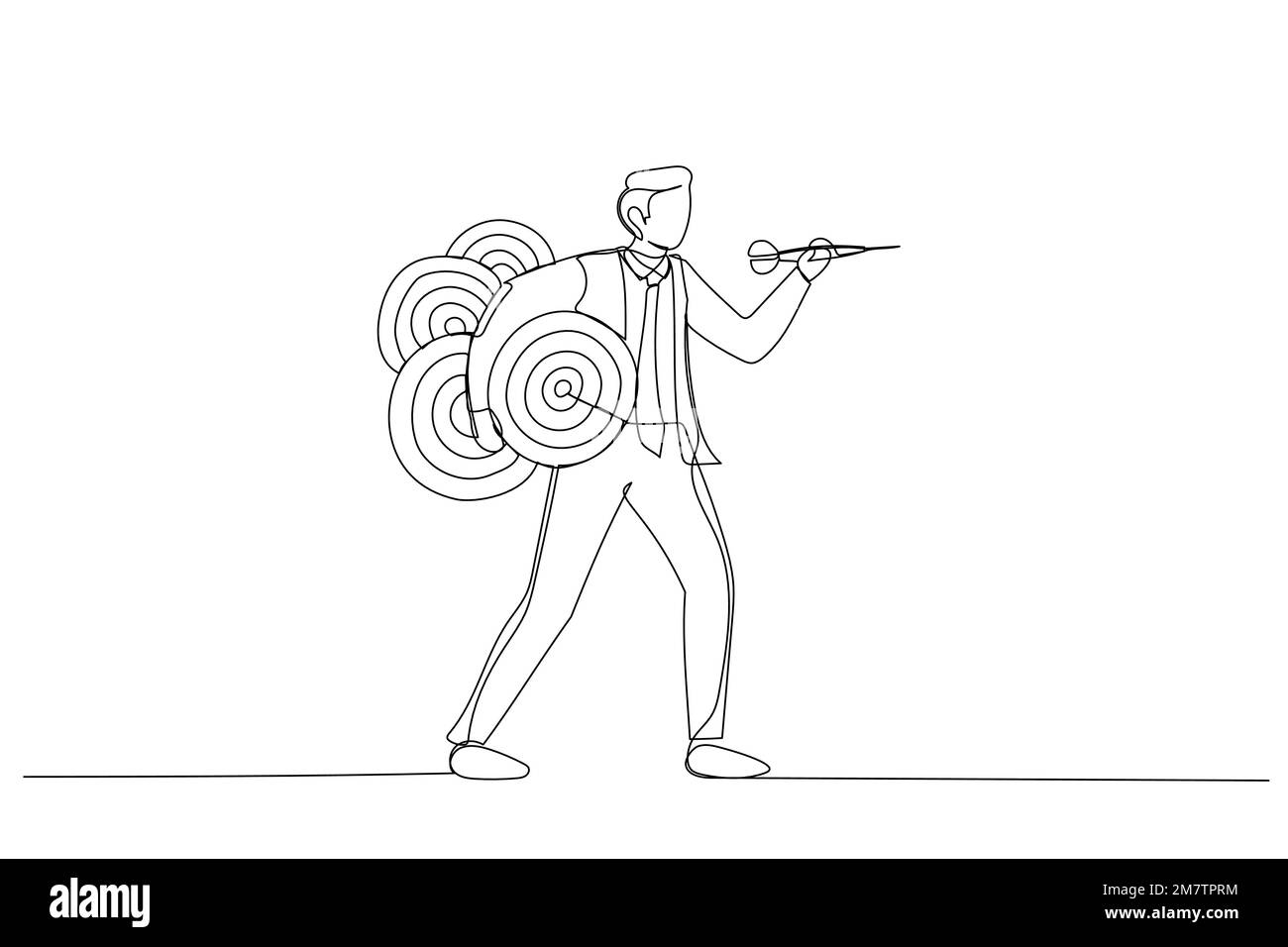 Zeichnung eines selbstbewussten Geschäftsmannes mit vielen Dartboard-Zielen. Metapher für die gleichzeitige Bearbeitung mehrerer Unternehmen, Multitasking. Einzelleitung A Stock Vektor