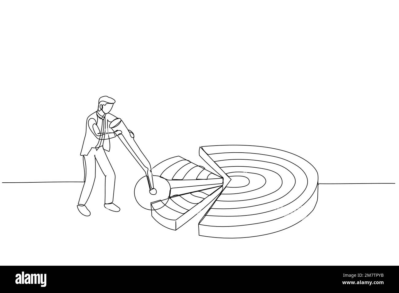 Cartoon eines Geschäftsmanns zerlegt Dartboard-Ziele in Stücke. Metapher für die Untergliederung eines großen Ziels in kleine erreichbare Ziele. Fortlaufender Styling-Styling Stock Vektor