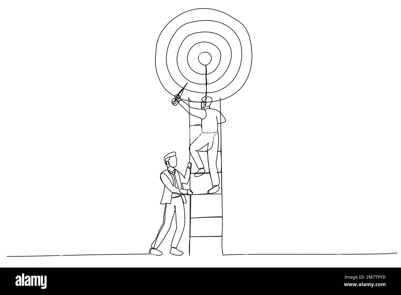 Abbildung: Geschäftsmann klettert auf eine Leiter im Ziel. Metapher für Teamwork. Einzeiliger Kunststil Stock Vektor