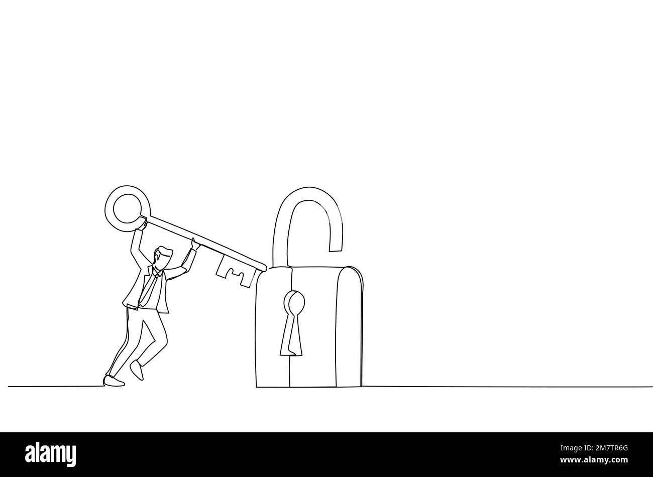 Ein Trickfilm mit einem klugen Geschäftsmann, der einen großen Schlüssel hält, um das Polster zu entriegeln. Metapher für Problemlösung, Lösungen und Business Accessibility. Durchgehende Linie A Stock Vektor